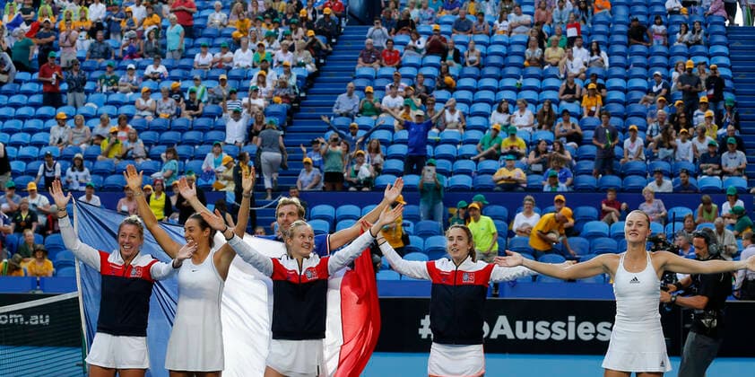 10th November 2019; RAC Arena, Perth, Western Australia, Australia; Fed Cup by BNP Paribas Final Tennis, Australia versus France; The French team celebrate winning the Fed Cup against Australia 3 rubbers to 2  ActionPlus12186367 DavidxWoodley