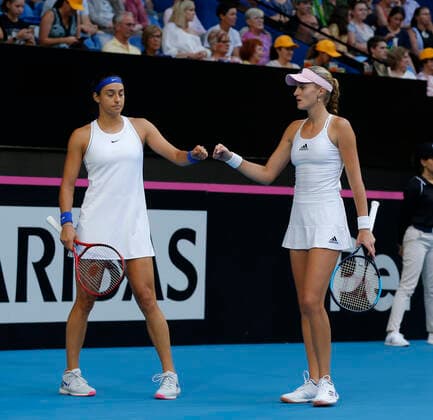 10th November 2019; RAC Arena, Perth, Western Australia, Australia; Fed Cup by BNP Paribas Final Tennis, Australia versus France; Kristina Mladenivic and Caroline Garcia of France during the doubles against Australia  ActionPlus12186313 DavidxWoodley