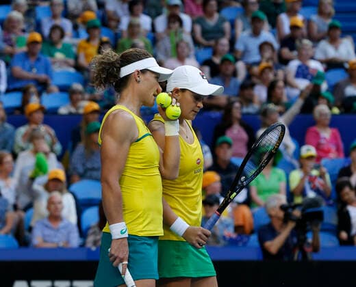 10th November 2019; RAC Arena, Perth, Western Australia, Australia; Fed Cup by BNP Paribas Final Tennis, Australia versus France; Ash Barty and Sam Stosur of Australia during the doubles against France  ActionPlus12186340 DavidxWoodley