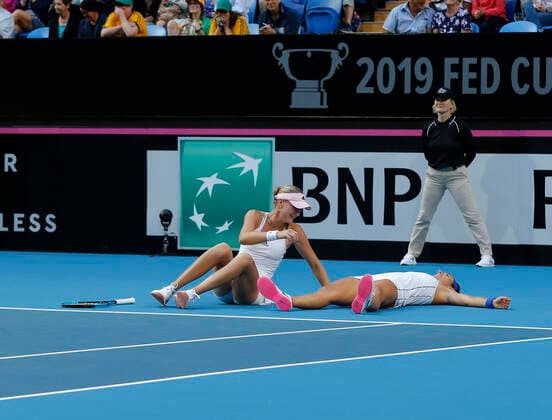10th November 2019; RAC Arena, Perth, Western Australia, Australia; Fed Cup by BNP Paribas Final Tennis, Australia versus France; Kristina Mladenivic and Caroline Garcia of France hug after winning Fed Cup 3 rubbers to 2 against Australia  ActionPlus12186349 DavidxWoodley