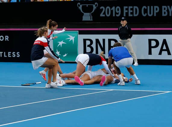 10th November 2019; RAC Arena, Perth, Western Australia, Australia; Fed Cup by BNP Paribas Final Tennis, Australia versus France; The French team celebrate winning the Fed Cup against Australia 3 rubbers to 2  ActionPlus12186354 DavidxWoodley