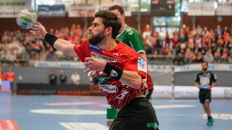 10.11.2019, Euregium, Nordhorn, GER, Handball 1. Bundesliga, Herren HSG Nordhorn-Lingen vs Füchse Berlin, Pavel Mickal (HSG Nordhorn-Lingen 9) DFL REGULATIONS PROHIBIT ANY USE OF PHOTOGRAPHS AS IMAGE SEQUENCES AND OR QUASI-VIDEO. Nordhorn Niedersachsen Germany Euregium