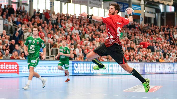 10.11.2019, Euregium, Nordhorn, GER, Handball 1. Bundesliga, Herren HSG Nordhorn-Lingen vs Füchse Berlin, Pavel Mickal (HSG Nordhorn-Lingen 9) DFL REGULATIONS PROHIBIT ANY USE OF PHOTOGRAPHS AS IMAGE SEQUENCES AND OR QUASI-VIDEO. Nordhorn Niedersachsen Germany Euregium