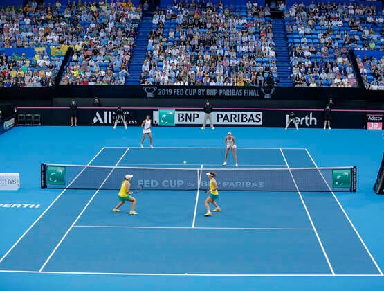 10th November 2019; RAC Arena, Perth, Western Australia, Australia; Fed Cup by BNP Paribas Final Tennis, Australia versus France; France plays Australia in the the deciding doubles match Editorial Use  ActionPlus12186618 DavidxWoodley