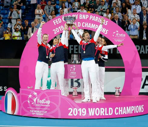 10th November 2019; RAC Arena, Perth, Western Australia, Australia; Fed Cup by BNP Paribas Final Tennis, Australia versus France; Team France celebrate winning the Fed Cup against Australia 3 rubbers to 2 Editorial Use  ActionPlus12186648 DavidxWoodley