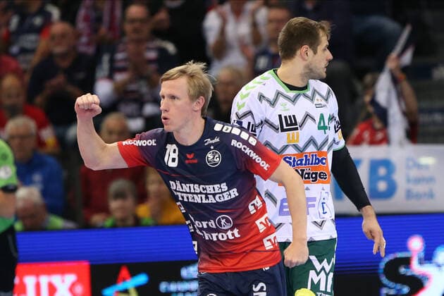 SG Flensburg-Handewitt vs Frisch auf Goeppingen, LIQUI-MOLY Handball Bundesliga, 10.11.19; Flensburg Magnus Joendal (SG Flensburg-Handewitt, 18) jubelt Copyright: xBEAUTIFULxSPORTS MarioxM.xKobergx