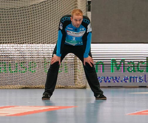 10.11.2019, Euregium, Nordhorn, GER, Handball 1. Bundesliga, Herren HSG Nordhorn-Lingen vs Füchse Berlin, Bart Ravensbergen (HSG Nordhorn-Lingen 1) DFL REGULATIONS PROHIBIT ANY USE OF PHOTOGRAPHS AS IMAGE SEQUENCES AND OR QUASI-VIDEO. Nordhorn Niedersachsen Germany Euregium