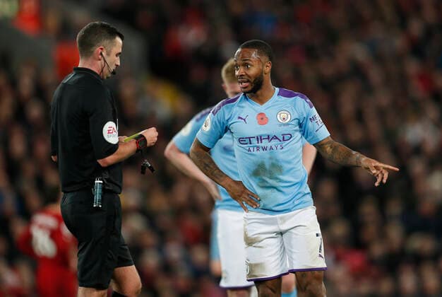 Raheem Sterling of Manchester City complains to referee Michael Oliver during the Premier League match at Anfield, Liverpool. Picture date: 10th November 2019. Picture credit should read: Darren Staples Sportimage EDITORIAL USE ONLY. No use with unauthorised audio, video, data, fixture lists, club league logos or live services. Online in-match use limited to 120 images, no video emulation. No use in betting, games or single club league player publications. SPI-0311-0063