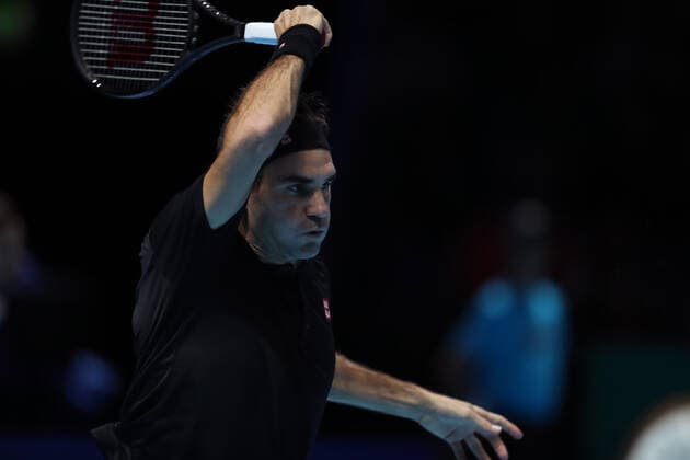 10th November 2019; 02 Arena. London, England; Nitto ATP, Tennis Herren Tennis Finals; Roger Federer (Switzerland) with a forehand return to Dominic Thiem (Austria) - Editorial Use  ActionPlus12186823 ShaunxBrooks