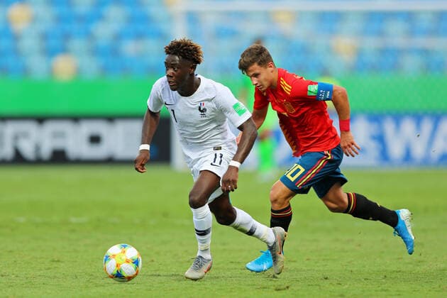 11th November 2019; Olimpico Pedro Ludovico Stadium, Goiania, Goias, Brazil; FIFA U-17 World Cup Brazil 2019, Spain versus France; German Valera of Spain and Nathanael Mbuku of France - Editorial Use  ActionPlus12187350 HeulerxAndrey