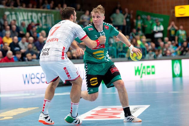Minden, Deutschland 14.11.2019: 1. Handball-Bundesliga - 2019 2020 - GWD Minden vs. MT Melsungen (L-R) Felix Danner (Melsungen), Christoph Reißky (Minden) Minden Nordrhein-Westfalen Deutschland Kampa Halle