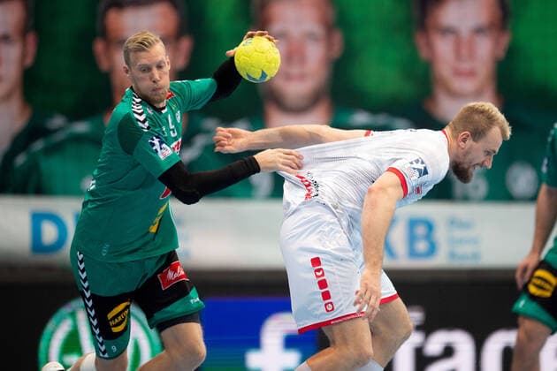 Minden, Deutschland 14.11.2019: 1. Handball-Bundesliga - 2019 2020 - GWD Minden vs. MT Melsungen (L-R) Christoffer Rambo (Minden), Julius Kühn (Melsungen) Minden Nordrhein-Westfalen Deutschland Kampa Halle