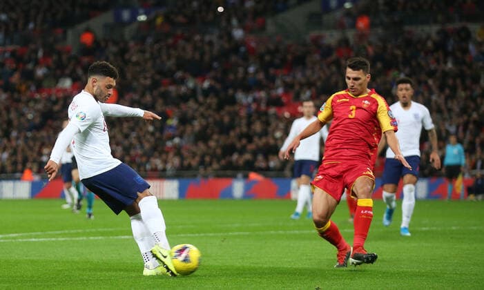 England v Montenegro UEFA EURO, EM, Europameisterschaft,Fussball 2020 Qualifiers Alex Oxlade-Chamberlain scores their first goal during the UEFA Euro 2020 Qualifiers match at Wembley Stadium, London Content Not Available For UK Newspapers Copyright: xPaulxChestertonx FIL-13867-0003
