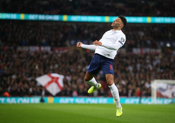 England v Montenegro UEFA EURO, EM, Europameisterschaft,Fussball 2020 Qualifiers Alex Oxlade-Chamberlain of England celebrates scoring their first goal during the UEFA Euro 2020 Qualifiers match at Wembley Stadium, London Content Not Available For UK Newspapers Copyright: xPaulxChestertonx FIL-13867-0008