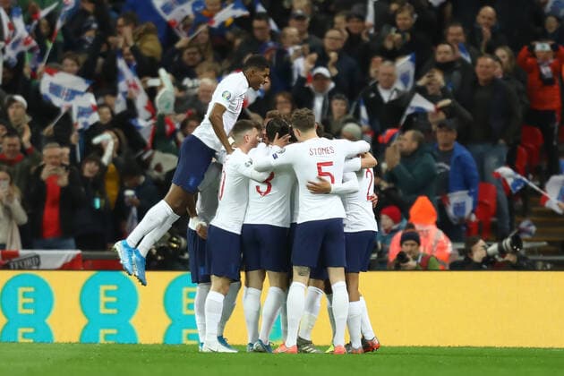 14th November 2019; Wembley Stadium, London, England; European Championships 2020 Football Qualifier, England versus Montenegro; Alex Oxlade-Chamberlain of England celebrates as he scores for 1-0 in the 11th minute - Editorial Use  ActionPlus12187805 ShaunxBrooks