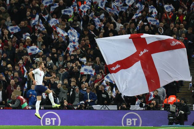 14th November 2019; Wembley Stadium, London, England; European Championships 2020 Football Qualifier, England versus Montenegro; Harry Kane of England celebrates as he scores for 2-0 in the 18th minute - Editorial Use  ActionPlus12187807 ShaunxBrooks