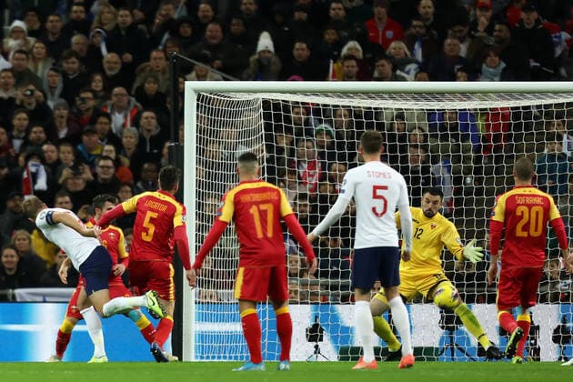14th November 2019; Wembley Stadium, London, England; European Championships 2020 Football Qualifier, England versus Montenegro; Harry Kane of England scores for 3-0 in the 24th minute - Editorial Use  ActionPlus12187810 ShaunxBrooks