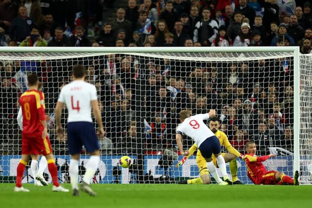 14th November 2019; Wembley Stadium, London, England; European Championships 2020 Qualifier, England versus Montenegro; Harry Kane of England scores his hat-trick for 5-0 in the 37th minute - Editorial Use  ActionPlus12187840 ShaunxBrooks