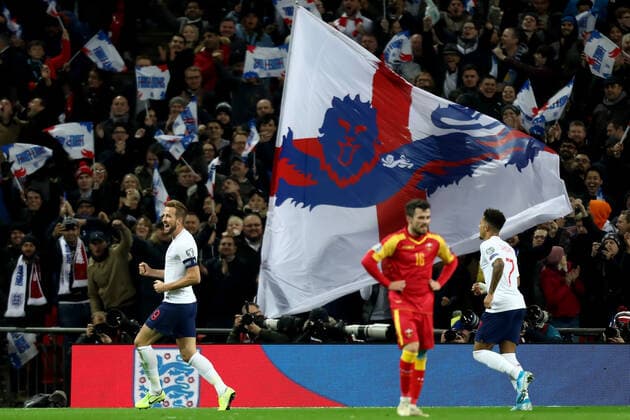 14th November 2019; Wembley Stadium, London, England; European Championships 2020 Qualifier, England versus Montenegro; Harry Kane of England celebrates as he scores his hat-trick for 5-0 in the 37th minute - Editorial Use  ActionPlus12187841 ShaunxBrooks