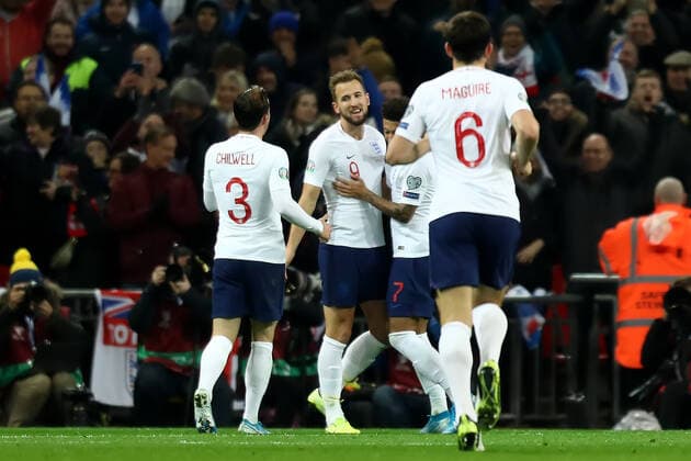 14th November 2019; Wembley Stadium, London, England; European Championships 2020 Qualifier, England versus Montenegro; Harry Kane of England celebrates as he scores his hat-trick for 5-0 in the 37th minute - Editorial Use  ActionPlus12187842 ShaunxBrooks