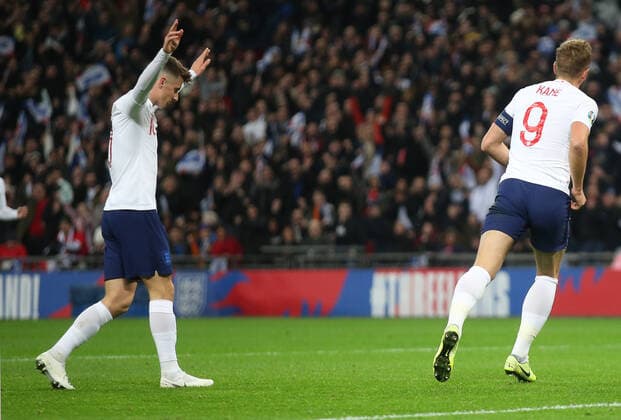 England v Montenegro UEFA EURO, EM, Europameisterschaft,Fussball 2020 Qualifiers Mason Mount of England celebrates as goal scorer Harry Kane wheels away after scoring they fifth gaol during the UEFA Euro 2020 Qualifiers match at Wembley Stadium, London Content Not Available For UK Newspapers Copyright: xPaulxChestertonx FIL-13867-0042