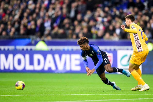 Kingsley Coman (Fra) vs Artur Craciun (Mda) FOOTBALL : France vs Moldavie - Qualifications Euro 2020 - Paris - 14 11 2019 JBAutissier Panoramic 