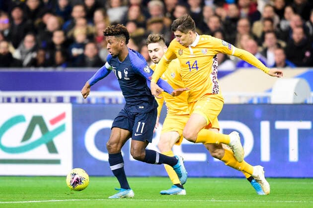 Kingsley Coman (Fra) vs Artur Craciun (Mda) FOOTBALL : France vs Moldavie - Qualifications Euro 2020 - Paris - 14 11 2019 JBAutissier Panoramic 