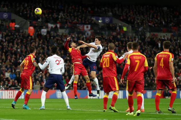 14th November 2019; Wembley Stadium, London, England; European Championships 2020 Qualifier, England versus Montenegro; Harry Maguire of England header goes over the bar - Editorial Use  ActionPlus12187942 ShaunxBrooks