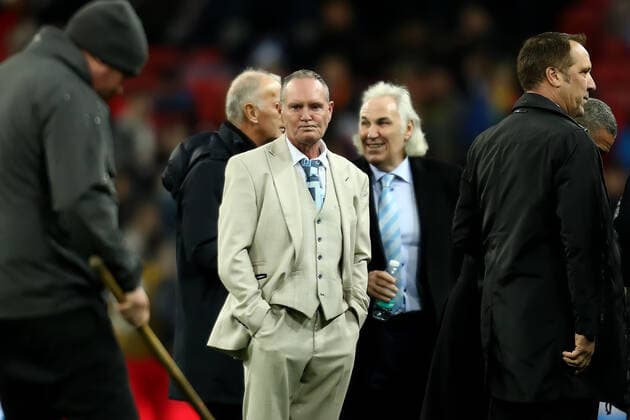14th November 2019; Wembley Stadium, London, England; European Championships 2020 Qualifier, England versus Montenegro; Paul Gascoigne chats with Gerry Francis at half time - Editorial Use  ActionPlus12187947 ShaunxBrooks