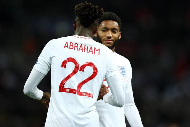 14th November 2019; Wembley Stadium, London, England; European Championships 2020 Qualifier, England versus Montenegro; Joe Gomez of England congratulates Tammy Abraham on his goal - Editorial Use  ActionPlus12187949 ShaunxBrooks