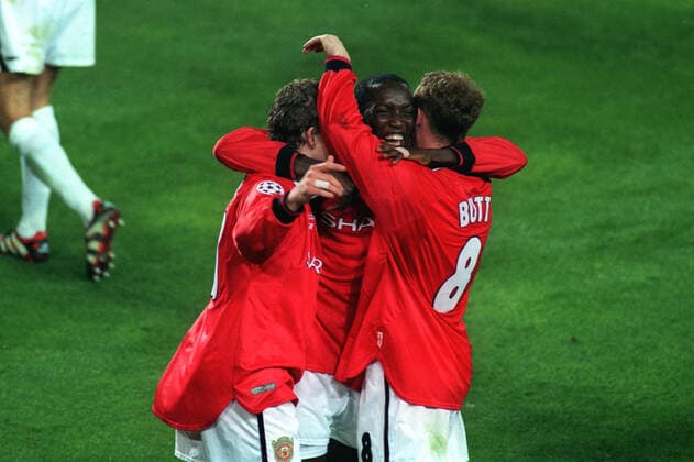 Solskjaer,Yorke,Butt Celebrate Manchester United, ManU Bayern Munich 26 May 1999  Copyright: MaryxEvansxAllstarxDavidxDavies 12139050 editorial use only