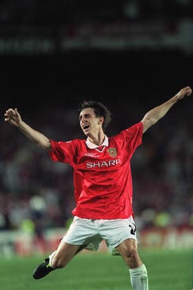 Gary Neville Celebrates Win Manchester United, ManU Bayern Munich 26 May 1999  Copyright: MaryxEvansxAllstarxRichardxSellers 12139061 editorial use only