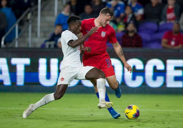 ORLANDO, FL - NOVEMBER 15: the United States forward Jordan Morris (11) and Canada defender Richie Laryea (2) chase the ball for possession during the CONCACAF Nations League soccer match between the Canada and United States on November 15, 2019 at Explorer Stadium in Orlando, FL. (Photo by Andrew Bershaw Icon Sportswire) SOCCER: NOV 15 CONCACAF Nations League - USA v Canada Icon1911150682