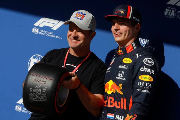 Treino classificatório GP Brasil F1 2019 SÃO PAULO, SP - 16.11.2019: TREINO CLASSIFICATÓRIO GP BRASIL F1 2019 - Former rider Rubens Barrichello and pole position Max VERSTAPPEN (NED) Aston Martin Red Bull Racing after official training on Saturday (16) for Formula 1 GP 2019 Brazil at the Interlagos racetrack in the south of Sao Paulo. The race will take place tomorrow Sunday (17), with Mercedes driver Lewis Hamilton already champion for the sixth time. (Photo: Rodolfo Buhrer La Imagem Fotoarena) x1832391x  RodolfoxBuhrer