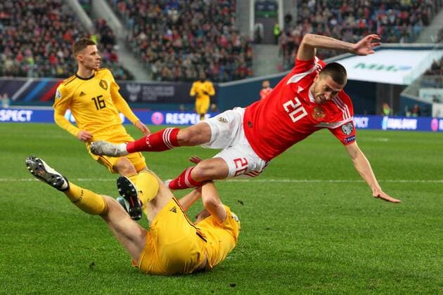 Russian Federation. Saint-Petersburg. Gazprom Arena. Football. Qualification for the European Championship, EM, Europameisterschaft 2020. 9 round group I. national team, Nationalteam of Russia national Team of Belgium. The player of national team of Russia on football Alexey Ionov