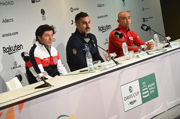 (From left) French Copa Davis team s captain, Sebastien Grosjean; Serbian captain Nemad Zimonjic and Japanese captain Satoshi Iwabuchi address a press conference, PK, Pressekonferenz at Caja Magica pavilion, in Madrid, Spain, 17 November 2019, on the eve of the beginning of David Cup finals. Chilean Team training session for Davis Cup finals !ACHTUNG: NUR REDAKTIONELLE NUTZUNG!  Copyright: xFERNANDOxVILLARx GRAF440 20191117-637095960621259026