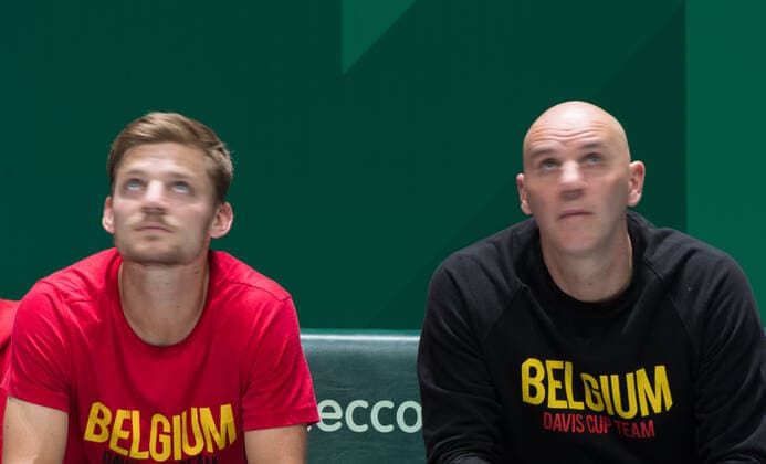Belgian David Goffin and captain Johan Van Herck watch to a tennis ball during a training session ahead of the group stage of the Davis Cup World Group tennis between Colombia and Belgium, Sunday 17 November 2019, in Madrid, Spain. BENOITxDOPPAGNExPOOL  x2429559x