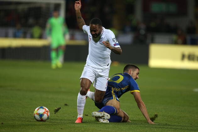 Kosovo v England UEFA EURO, EM, Europameisterschaft,Fussball 2020 Qualifiers Raheem Sterling of England and Ibrahim Dresevic of Kosovo in action during the UEFA Euro 2020 Qualifiers match at Fadil Vokrri Stadium, Prishtina Content Not Available For UK Newspapers Copyright: xPaulxChestertonx FIL-13875-0027