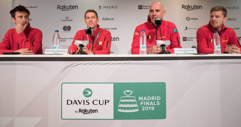Gille, Coppejans Captain Johan Van Herck of Belgiumand Davis Goffin TENNIS : Conference de presse et entrainement Belgique - Coupe Davis - Madrid - 17 11 2019 PhotoNews Panoramic 
