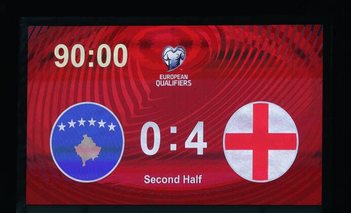 Kosovo v England UEFA EURO, EM, Europameisterschaft,Fussball 2020 Qualifiers The scoreboard tells the story at the end of the UEFA Euro 2020 Qualifiers match at Fadil Vokrri Stadium, Prishtina Content Not Available For UK Newspapers Copyright: xPaulxChestertonx FIL-13875-0070
