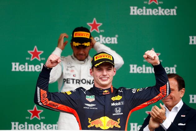 FORMULA 1 HEINEKEN GRANDE PRÃäMIO DO BRASIL 2019 17.11.2019, Autodromo Jose Carlos Pace, Interlagos, FORMULA 1 HEINEKEN GRANDE PRÃäMIO DO BRASIL 2019 , im Bild Podium: Sieger Max Verstappen (NEL 33), Aston Martin Red Bull Racing, 2.Platz für Pierre Gasly (FRA 10), Red Bull Toro Rosso Honda. 3.Platz für Lewis Hamilton (GB 44), Mercedes-AMG Petronas Motorsport