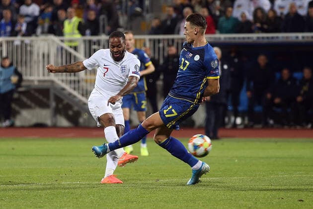 Kosovo v England UEFA EURO, EM, Europameisterschaft,Fussball 2020 Qualifiers Raheem Sterling of England has a shot on goal during the UEFA Euro 2020 Qualifiers match at Fadil Vokrri Stadium, Prishtina Content Not Available For UK Newspapers Copyright: xPaulxChestertonx FIL-13875-0179