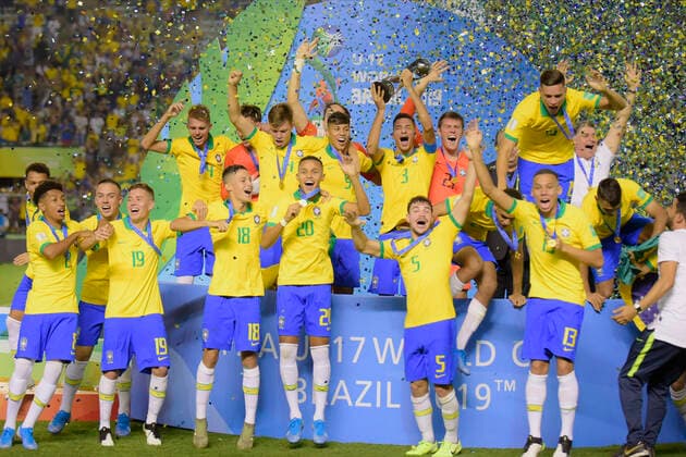 Sub 17 Mexico e Brasil BRASÍLIA, DF - 17.11.2019: SUB 17 MEXICO E BRASIL - Brazilian team celebrates victory over Mexico and the conquest of the FIFA U17, U 17 FIFA World Cup, WM, Weltmeisterschaft, Fussball 2019. Bezerrão Stadium. Brasilia DF. (Photo: Reinaldo Reginato Fotoarena) x1833730x  ReinaldoxReginato