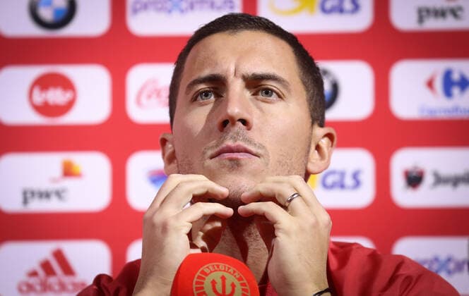 Sport Bilder des Tages Belgium s Eden Hazard pictured during a press conference, PK, Pressekonferenz of Belgian national soccer team the Red Devils, Monday 18 November 2019 in Tubize. The team is preparing for qualification game for the Euro2020 tournament against Cyprus. VIRGINIExLEFOUR  x2430092x