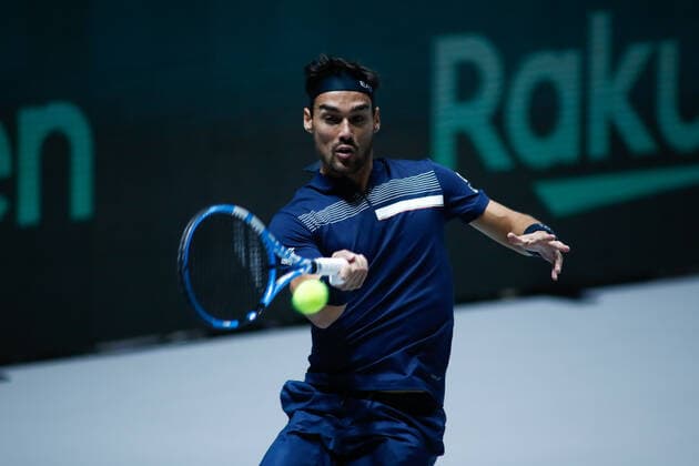 November 18, 2019, Madrid, VALENCIA, SPAIN: Fabio Fognini, player of Italy Team, in action during the first round, Group F, against Vasek Pospisil, player of Canada Team, during the Davis Cup by Rakuten Madrid Finals 2019 tenis tournament celebrated at Caja Magica on November 18, 2019, in Madrid, Spain. Tennis: Davis Cup 2019, day 1 - ZUMAa181 20191118_zaa_a181_059 Copyright: xAFP7x