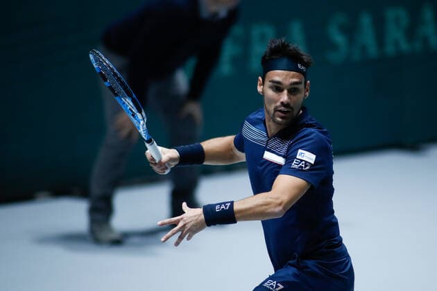 November 18, 2019, Madrid, VALENCIA, SPAIN: Fabio Fognini, player of Italy Team, in action during the first round, Group F, against Vasek Pospisil, player of Canada Team, during the Davis Cup by Rakuten Madrid Finals 2019 tenis tournament celebrated at Caja Magica on November 18, 2019, in Madrid, Spain. Tennis: Davis Cup 2019, day 1 - ZUMAa181 20191118_zaa_a181_060 Copyright: xAFP7x