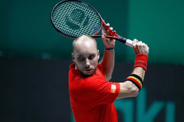 November 18, 2019, Madrid, VALENCIA, SPAIN: Steve Darcis, player of Belgium Team, in action during the first round, Group D, against Santiago Giraldo, player of Colombia Team, during the Davis Cup by Rakuten Madrid Finals 2019 tenis tournament celebrated at Caja Magica on November 18, 2019, in Madrid, Spain. Tennis: Davis Cup 2019, day 1 - ZUMAa181 20191118_zaa_a181_080 Copyright: xAFP7x