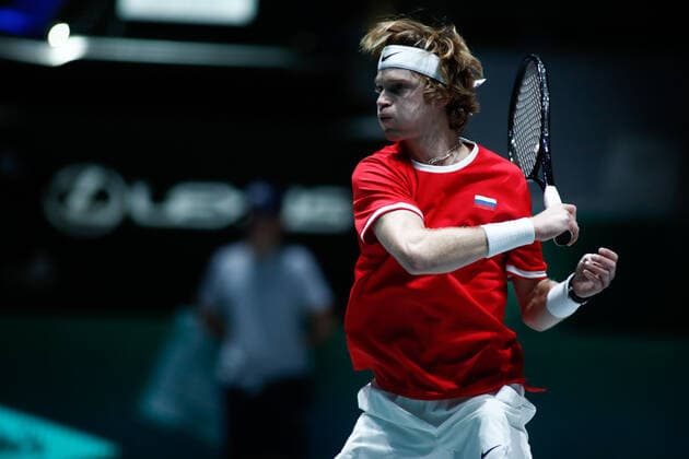 November 18, 2019, Madrid, VALENCIA, SPAIN: Andrey Rublev, player of Russia Team, in action during the first round, Group B, against Borna Gojo, player of Croatia Team, during the Davis Cup by Rakuten Madrid Finals 2019 tenis tournament celebrated at Caja Magica on November 18, 2019, in Madrid, Spain. Tennis: Davis Cup 2019, day 1 - ZUMAa181 20191118_zaa_a181_126 Copyright: xAFP7x
