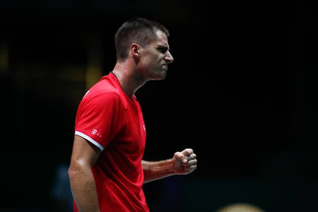 November 18, 2019, Madrid, VALENCIA, SPAIN: Borna Gojo, player of Croatia Team, in action during his first round, Group B, against Andrey Rublev, player of Russia Team, during the Davis Cup by Rakuten Madrid Finals 2019 tenis tournament celebrated at Caja Magica on November 18, 2019, in Madrid, Spain. Tennis: Davis Cup 2019, day 1 - ZUMAa181 20191118_zaa_a181_124 Copyright: xAFP7x