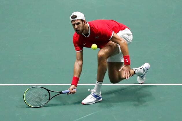 Karen Khachanov of Russia in action against Borna Coric of Croatia during the inauguration matches of the Davis Cup finals at the Caja Magica facilities in Madrid, Spain, 18 November 2019. The 2019 Davis Cup finals will take place from 18 to 24 November 2019 in Madrid. Russia vs Croatia !ACHTUNG: NUR REDAKTIONELLE NUTZUNG!  Copyright: xChemaxMoyax GRAF1231 20191118-637097016948603183